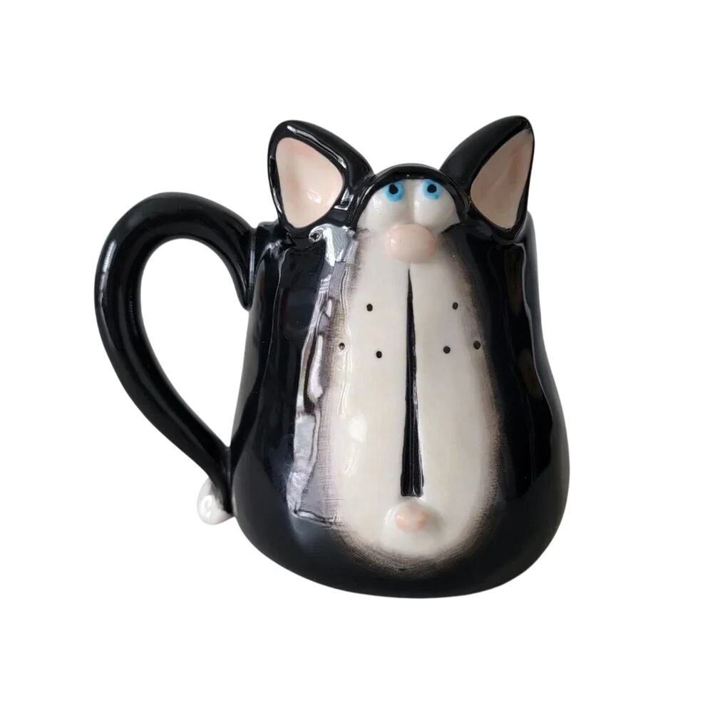 Stylized Cat Ceramic Mug Black Cream Figural Coffee Cup Cat Lover Collectible